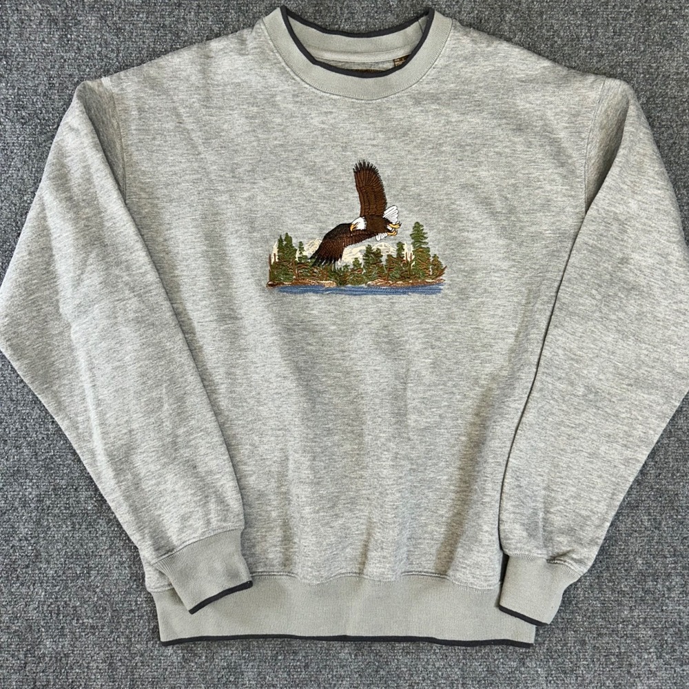 Vintage Woodland Trail Mens Large Gray Embroidered Eagle Forest Sweatshirt